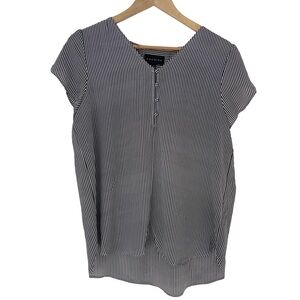 PREMISE BLACK WHITE CLASSIC STRIPED V NECK BLOUSE WITH TULIP SLEEVES, LARGE